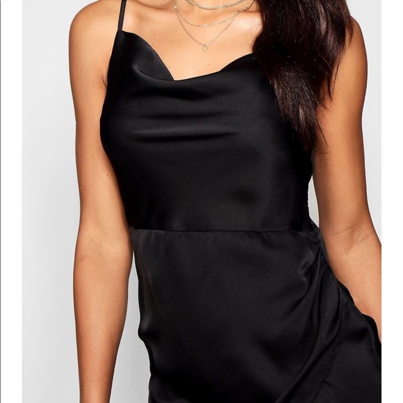 Cowl Neck Wrap Front Luxe Satin Mini Silver Dress - Picture 4 of 6